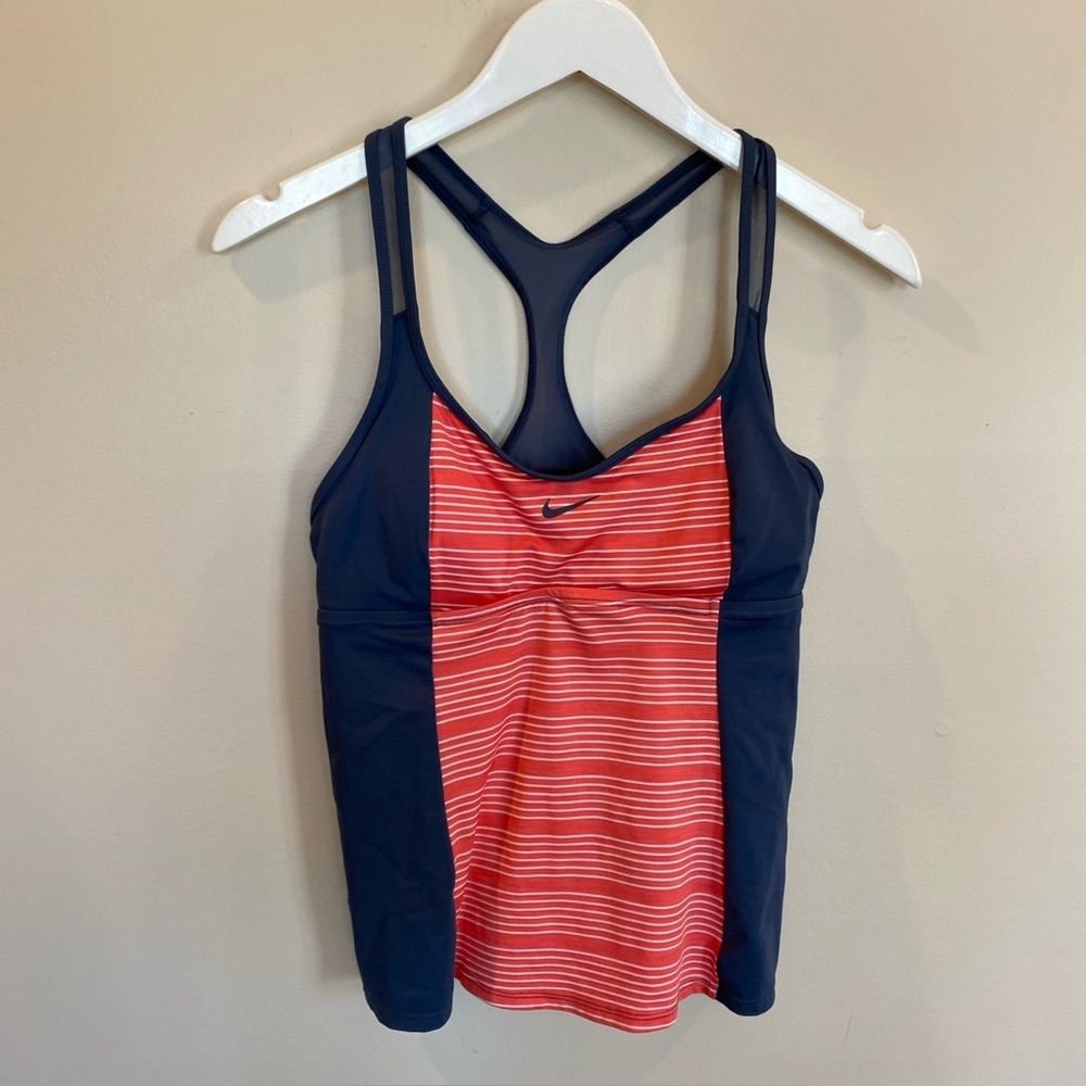 Nike Womens Tankini Swim Top Medium Gray Pink Stripes Racer back